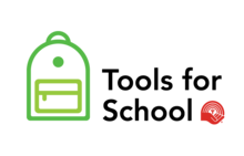Green outline of a backpack beside the text Tools for School 